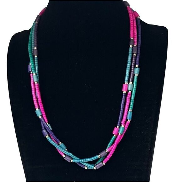 Triple Strand Beaded Necklace Multicolor Disc Beads Colorblock Silver-tone Hook - Picture 1 of 7